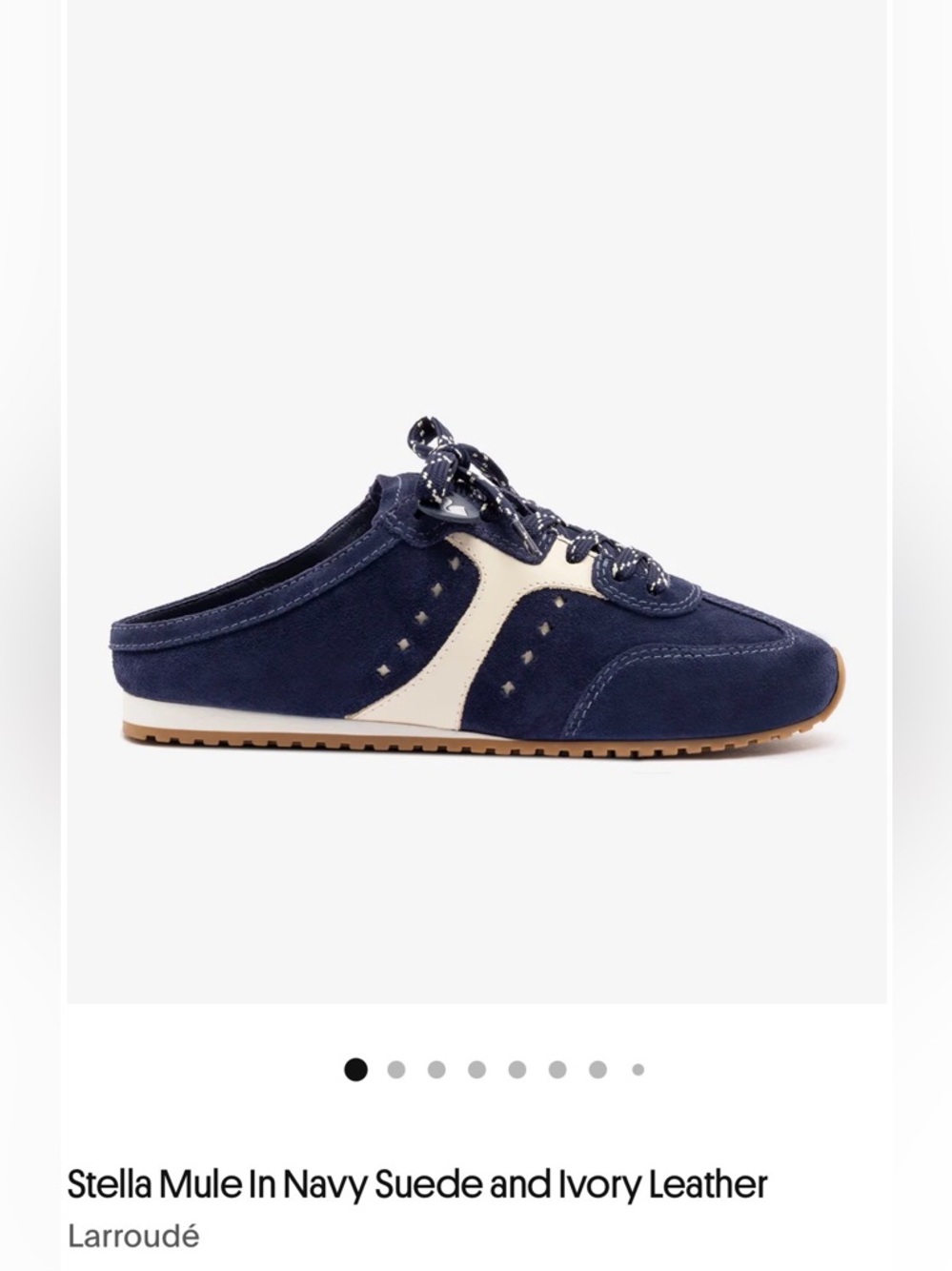 Larroudé Navy Suede Mule with Ivory Leather Accent
